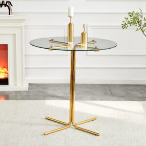 Round Glass Bar High Table, 36 Inch Round Bar Table, Tempered Glass Tabletop, Sturdy Gold Chrome Plated Four Column Support, Suitable For Transparent Round Bar Tables In Small Spaces, Kitchens