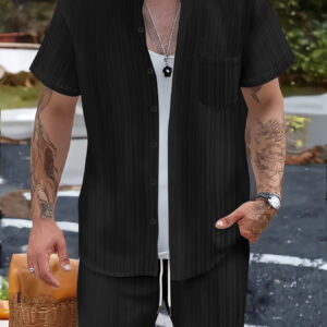 Fashionable Casual Stand Collar Pocket Short-Sleeve Shirt And Mens Shorts Two-Piece Set