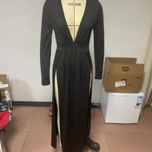 Long-sleeve V-neck Solid-color Hollow-out Dress