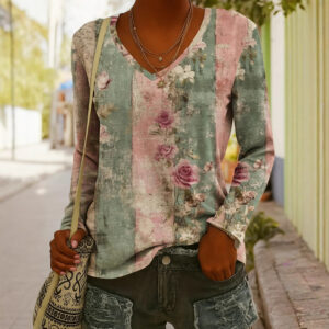 Fashionable Ethnic-Style Printed V-Neck Long-Sleeve T-Shirt