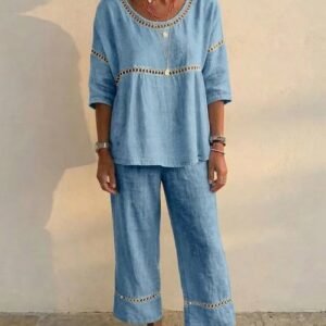 Casual Commuter Comfortable Loose Crew-Neck Linen Set