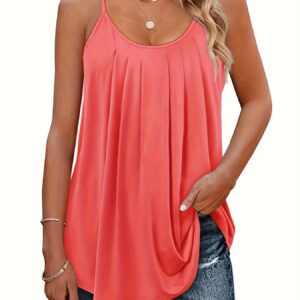 Women's Casual Summer Pleated Round Neck Keyhole Loose Top