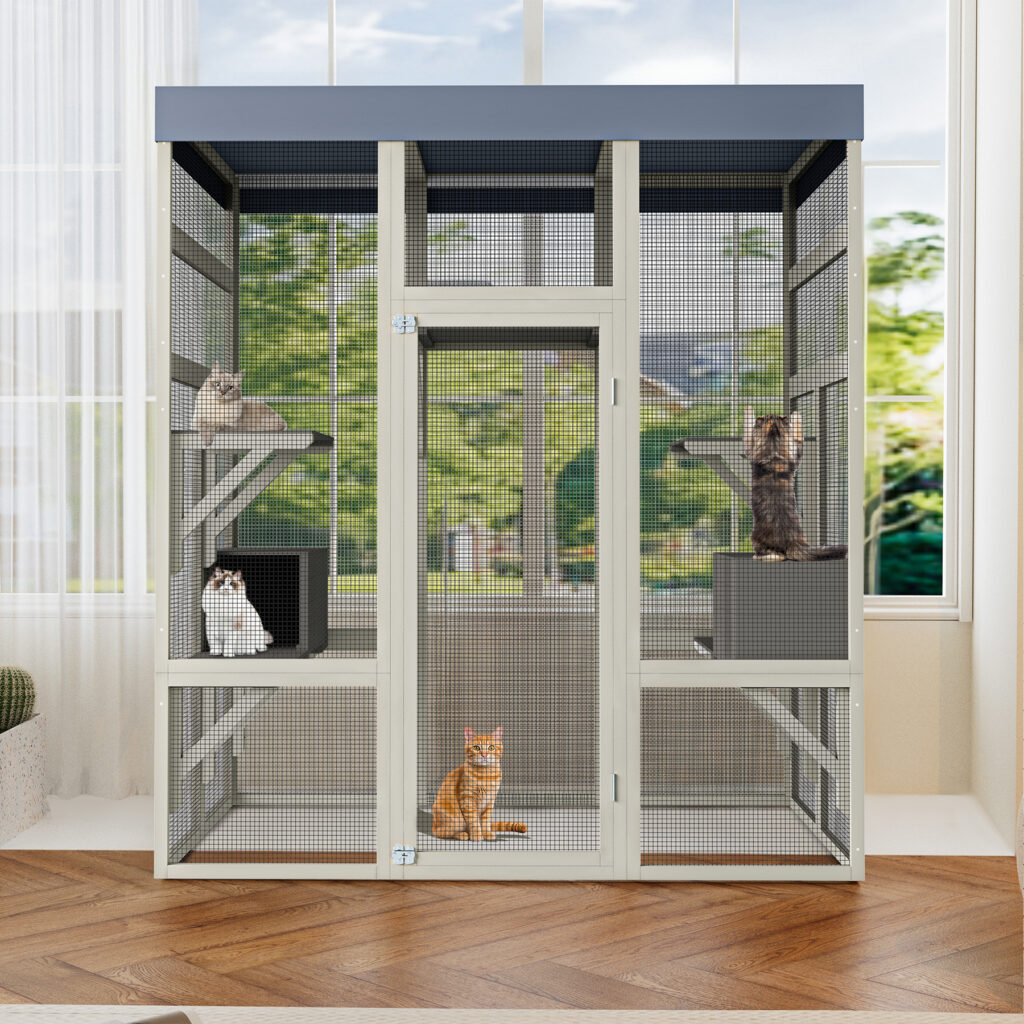 62.6 Gray Wooden Catio Outdoor Pet Enclosure With Waterproof Top, Spacious And Secure Cat House & Small Animal Cage, Black Rust-proof Metal Wire