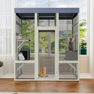 62.6 Gray Wooden Catio Outdoor Pet Enclosure With Waterproof Top, Spacious And Secure Cat House & Small Animal Cage, Black Rust-proof Metal Wire