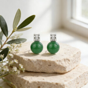 925 Sterling Silver Elegant Green Sphere Earrings with Sparkling CZ Accents and Sleek White Metal Settings