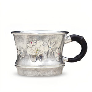 925 Sterling Silver Elegant Silver Floral Mug with Bamboo Style Handle and Colorful Stone Accents - Handicraft