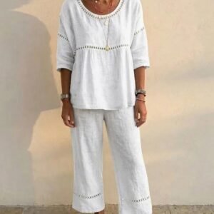 Casual Commuter Comfortable Loose Crew-Neck Linen Set