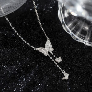 Full-Crystal Three-Butterfly Tassel Necklace For Women