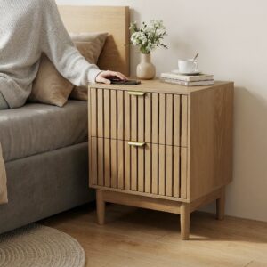 Mid-Modern Style Oak Bedside Table With Grille Design And Two Drawers. Suitable For Bedrooms, Hallways, And Living Rooms. Wooden Side Table, 17.72 X 15.35 X 22.34 Inches, Two-piece Set