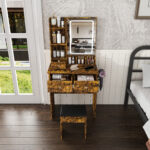 Modern Small Vanity Desk Featuring 3 Modes Of LED Lighting With Adjustable Brightness 3 Drawers And Multiple Open Storage Shelves A Hair Dryer Holder And Power Socket And A Dressing Chair. Brown