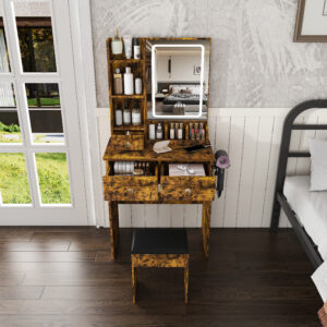 Modern Small Vanity Desk Featuring 3 Modes Of LED Lighting With Adjustable Brightness 3 Drawers And Multiple Open Storage Shelves A Hair Dryer Holder And Power Socket And A Dressing Chair. Brown