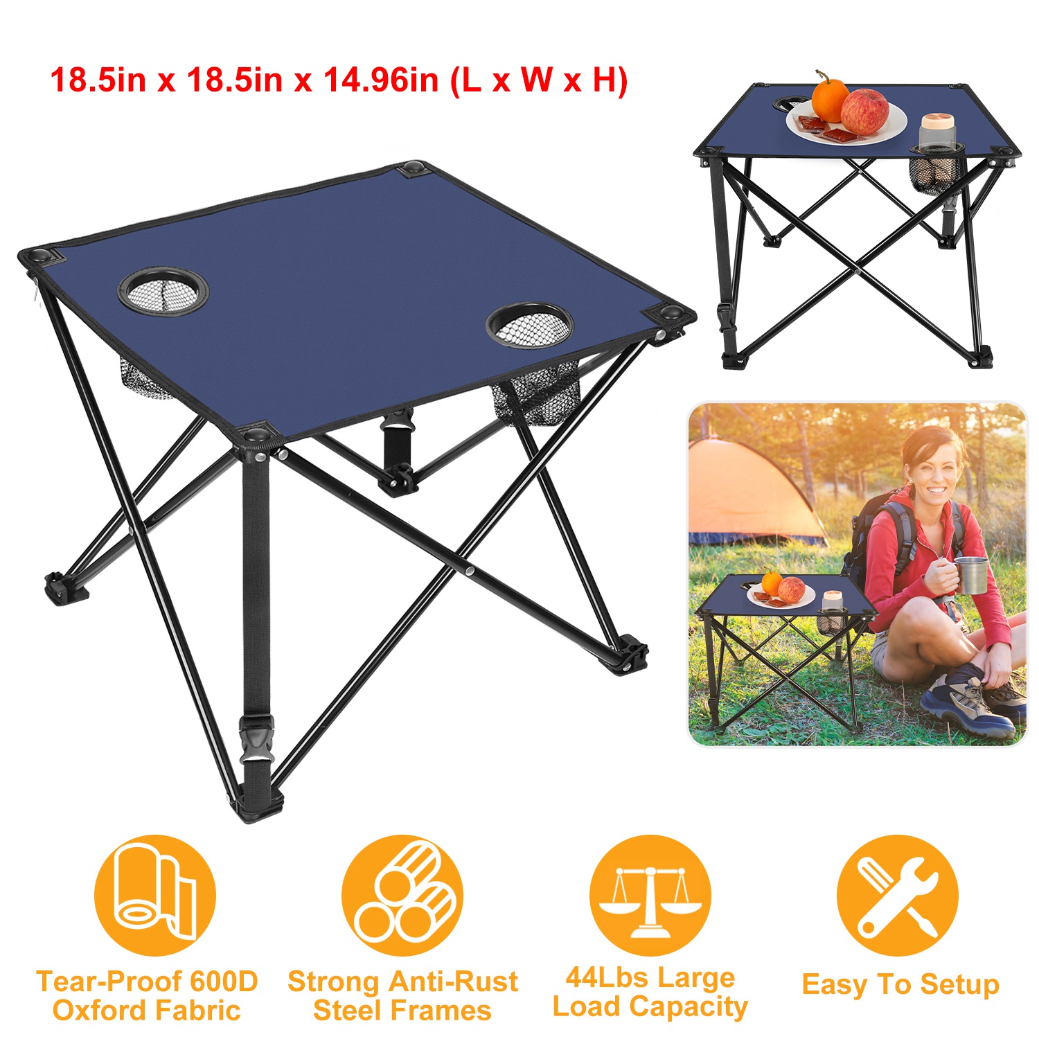 1Pc 2Pc Options Foldable Camping Table Portable Picnic Table Lightweight Travel Desk With 2 Cup Holders Carrying Bag Color Options Black Orange Green Red Blue Navy Blue - Image 5