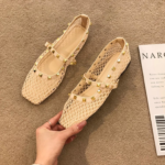 French Style Hollow-out Nude Apricot Temperament Sandals For Women, New 2026 Summer Gentle Rivet Fairy Mary Jane Mesh Sandals
