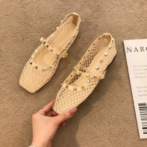 French Style Hollow-out Nude Apricot Temperament Sandals For Women, New 2026 Summer Gentle Rivet Fairy Mary Jane Mesh Sandals