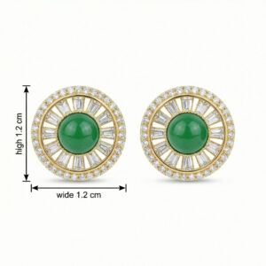 925 Sterling Silver Stunning Round Emerald Center Earrings with Baguette and Round CZ Halo Design