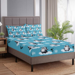 Penguin Bedding Set For Kids Boys Girls Antarctic Animal Sheet Set Cartoon Style Penguin Illustration Fitted Sheet, Blue White And Black Bed Sheets, No Top Sheet
