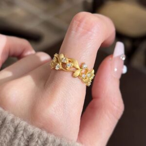 Golden Branch & Leaf Ring For Women, Niche Fashion Light Luxury High-End Adjustable Open Ring