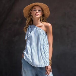 French-style Vacation-ready Striped Off-shoulder Top, Sleeveless Blouse