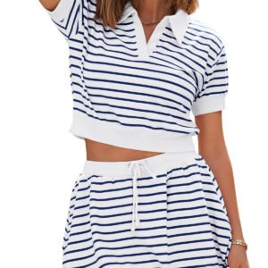 Fisoew Womens Striped 2 Piece Outfits Skort Set Short Sleeves Shirts Bubble Mini Skirt Sets Matching Sets