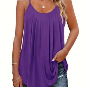 Women's Casual Summer Pleated Round Neck Keyhole Loose Top