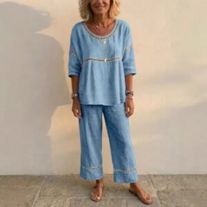 Casual Commuter Comfortable Loose Crew-Neck Linen Set