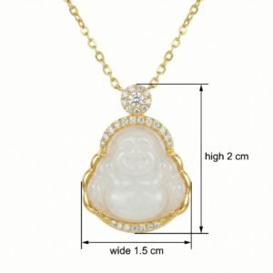 925 Sterling Silver Elegant White Jade Laughing Buddha Pendant Necklace with Sparkling Diamond Accents