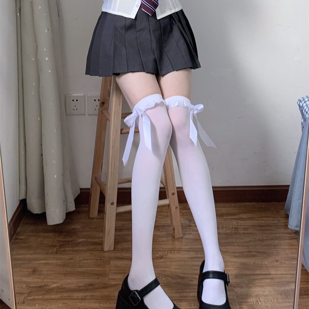 Sweet Girl Pure Desire Style Xiaohongshu Satin Lace Trim High Tube Socks, Bowknot Ribbon Long Over-the-Knee Socks