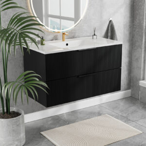 36 Inch Bathroom Vanity Cabinet With Ceramic Sink - Black Wall Mounted Floating Fluted Vanity With Drawers Modern
