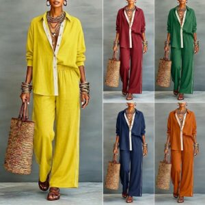 Contrast-color Casual Solid-color Loose Pants Two-piece Set