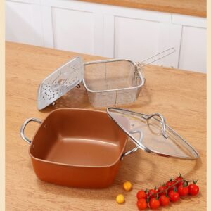 24cm Square Kitchen Fryer Non Stick Chip Pan Potato Fryer W Basket Cooking Pot