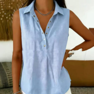 Womens Loose Comfortable Collared Sleeveless Solid-Color Shirt