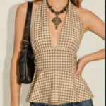 Halter V-Neck Cinched Waist Peplum Top