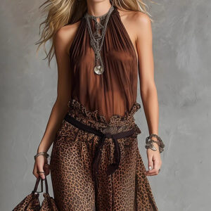Leopard-print Sheer Wide-leg Pants Sleeveless Tank Top As A Base Layer