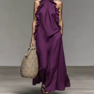 Summer Halter Neck Ruffled Sleeveless Dress, Loose Fit Flowy Dress With Pockets