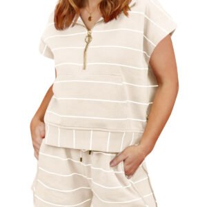 Fisoew Women Summer 2 Piece Outfits Striped Short Sleeve Zipper Shirts Casual Shorts Loose Lounge Short Sets