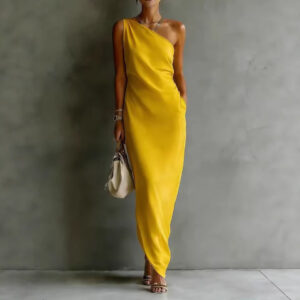 Elegant Satin Off-shoulder Draping Slim-fit Maxi Dress