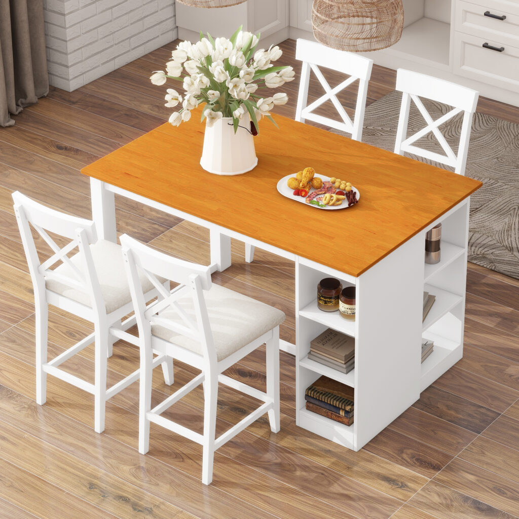 TOPMAX 60 Lx30 W Solid Wood Farmhouse Counter Height Dining Table Set With 3-Tier Storage Shelves, Upholstered Dining Chairs For 4, 5-Piece, White