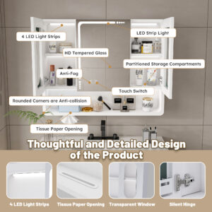 Wall Mounted Bathroom Mirror Cabinet With LED Lights Anti-Fog & Explosion-Proof Touch Control Medicine Cabinet 3 Color Lighting Defogger Storage With Transparent Glass