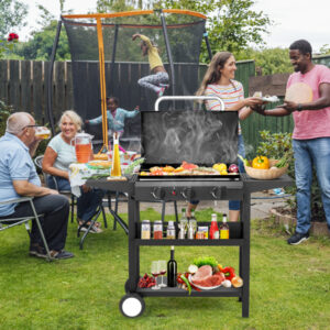 3-Burner Flat Top Gas Griddle Cooking Station With Ceramic Coated Cast Iron Pan, 30,000 BTU Propane Fuelled Griddle Station With Side Shelves & Spice Rack For Outdoor Barbecue Cookout