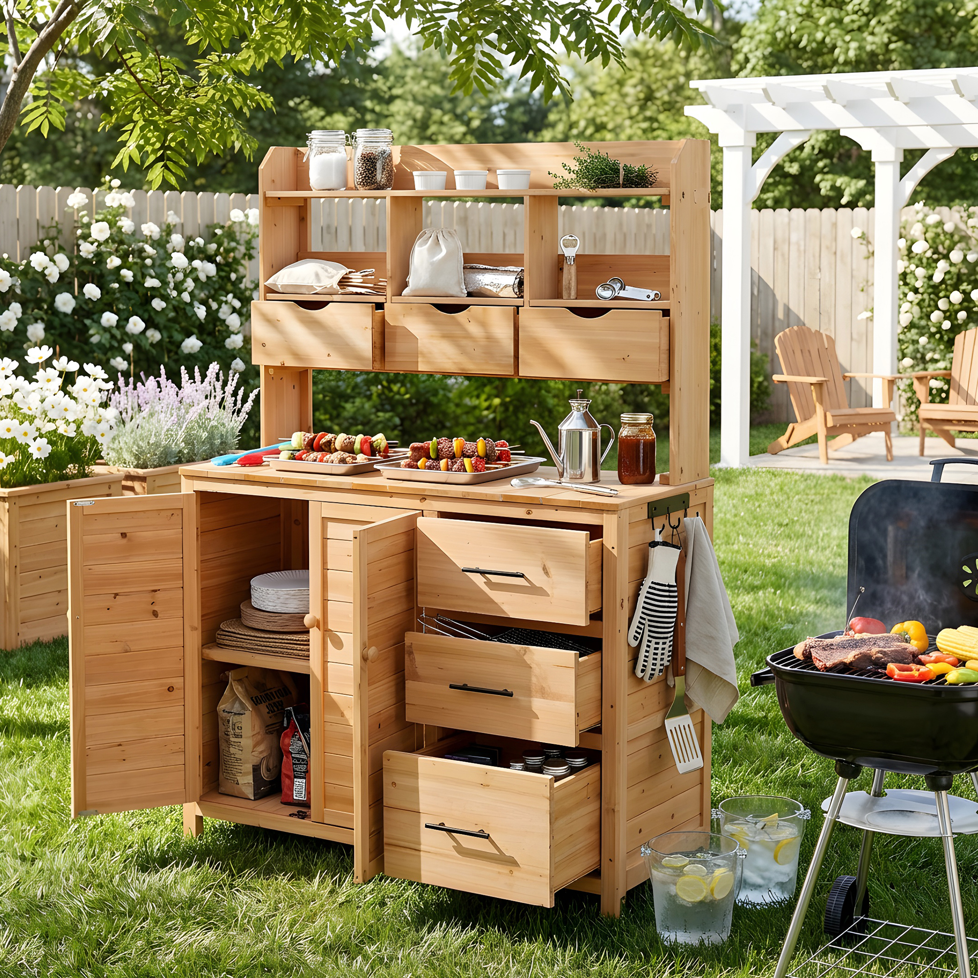 With Assembly Video TOPMAx Farmhouse Patio Potting Bench 44.6 X19.5 Large Freestanding Garden Workstation With 6 Drawers Bottom Cabinet And Side Hook Outdoor Kitchen Island Natural Wood - Image 4