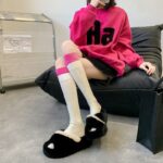 Dual Rib Top Color-blocked Calf Socks For Spring And Autumn, Trendy Ins-style Outerwear Women's Socks, Popular Korean Street Fashion Slouch Socks