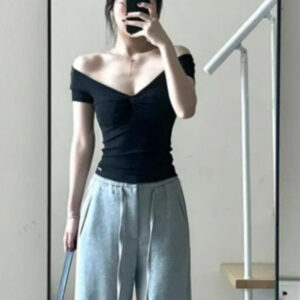 Black Off-shoulder V-neck Short Sleeves