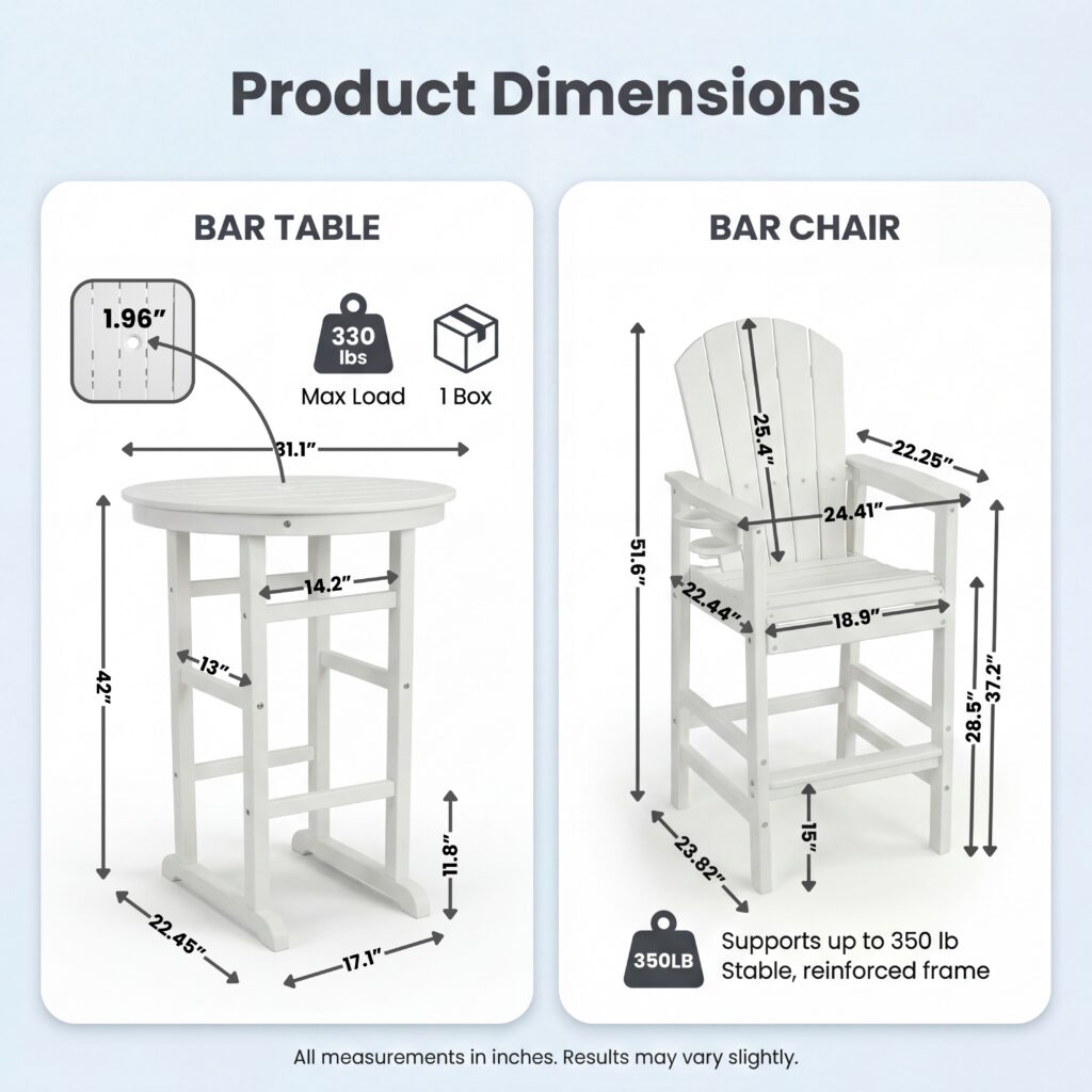 3-Piece White HDPE Indoor Outdoor Bar Set, 42.1 Round Bar Table With 2 Bar Stools, All-Weather Patio Bistro Set For Deck, Balcony, Poolside & Coastal Use