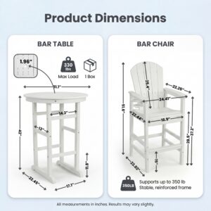 3-Piece White HDPE Indoor Outdoor Bar Set, 42.1 Round Bar Table With 2 Bar Stools, All-Weather Patio Bistro Set For Deck, Balcony, Poolside & Coastal Use