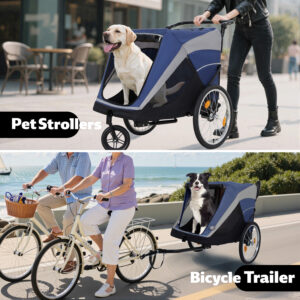 2-in-1 Bike Trailer & Push Cart For Pets - Detachable Bike Hitch & Push Handle Included - Quick Release Wheel, Internal Leash, Dual Cup Pockets And Underneath Storage Bag, Holds Pets Up To 100 Lbs