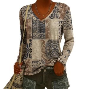 Fashionable Ethnic-Style Printed V-Neck Long-Sleeve T-Shirt