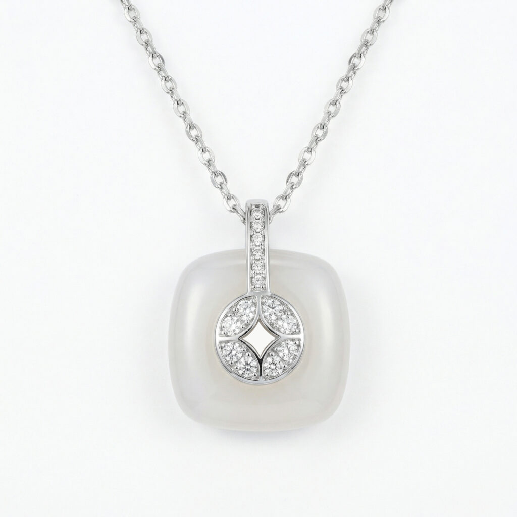 925 Sterling Silver Elegant Square Frosted Gemstone Pendant Necklace with Pavé CZ Accents and Silver Chain