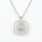 925 Sterling Silver Elegant Square Frosted Gemstone Pendant Necklace with Pavé CZ Accents and Silver Chain