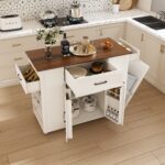 46 Kitchen Island On Wheels With Storage & Power Outlet - Movable Rustic Breakfast Bar Table Wood Top With Adjustable Shelf & Drawer For Kitchen Dining Living Room White