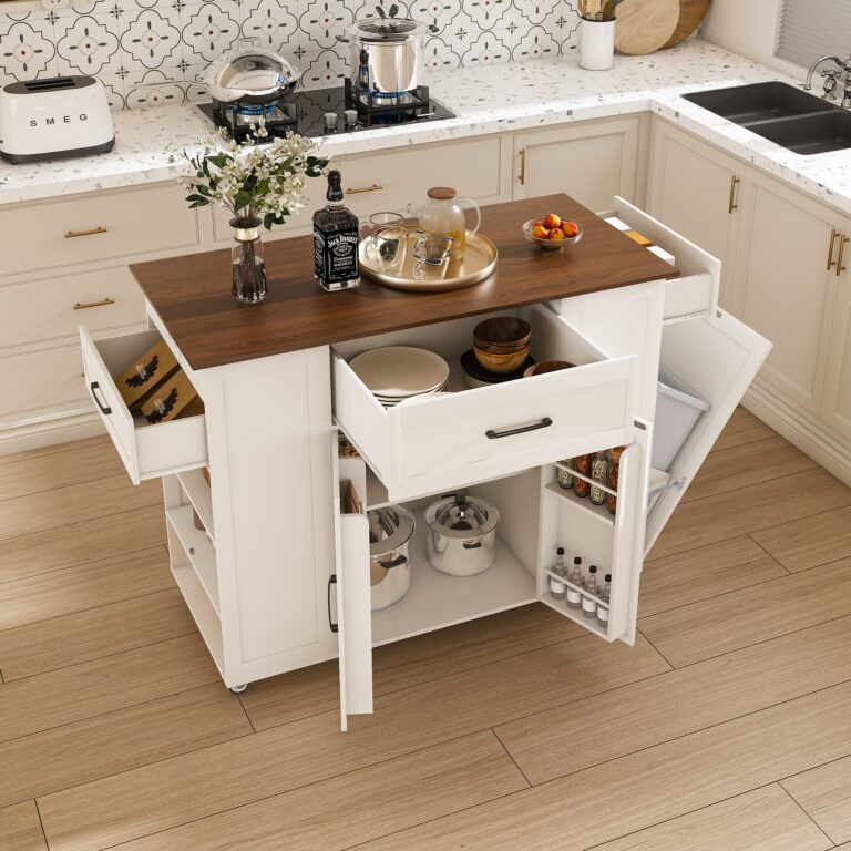 46 Kitchen Island On Wheels With Storage & Power Outlet – Movable Rustic Breakfast Bar Table Wood Top With Adjustable Shelf & Drawer For Kitchen Dining Living Room White